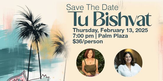 A poster with two women and palm trees.